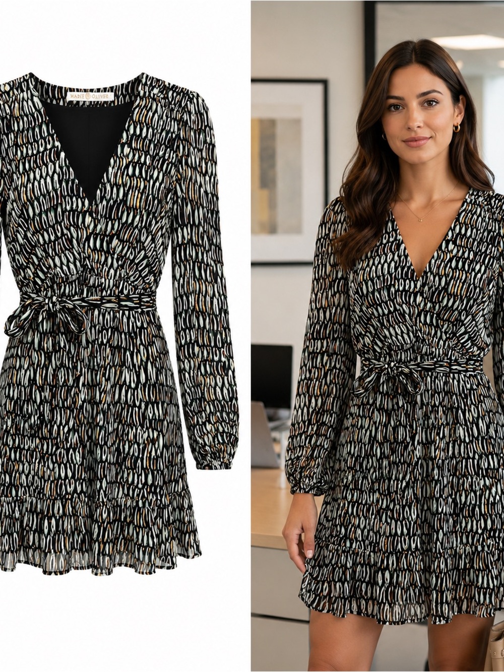 Marie Oliver Women's Mini Dress Silk Blend Long Sleeve Black/Green/Gold Size S